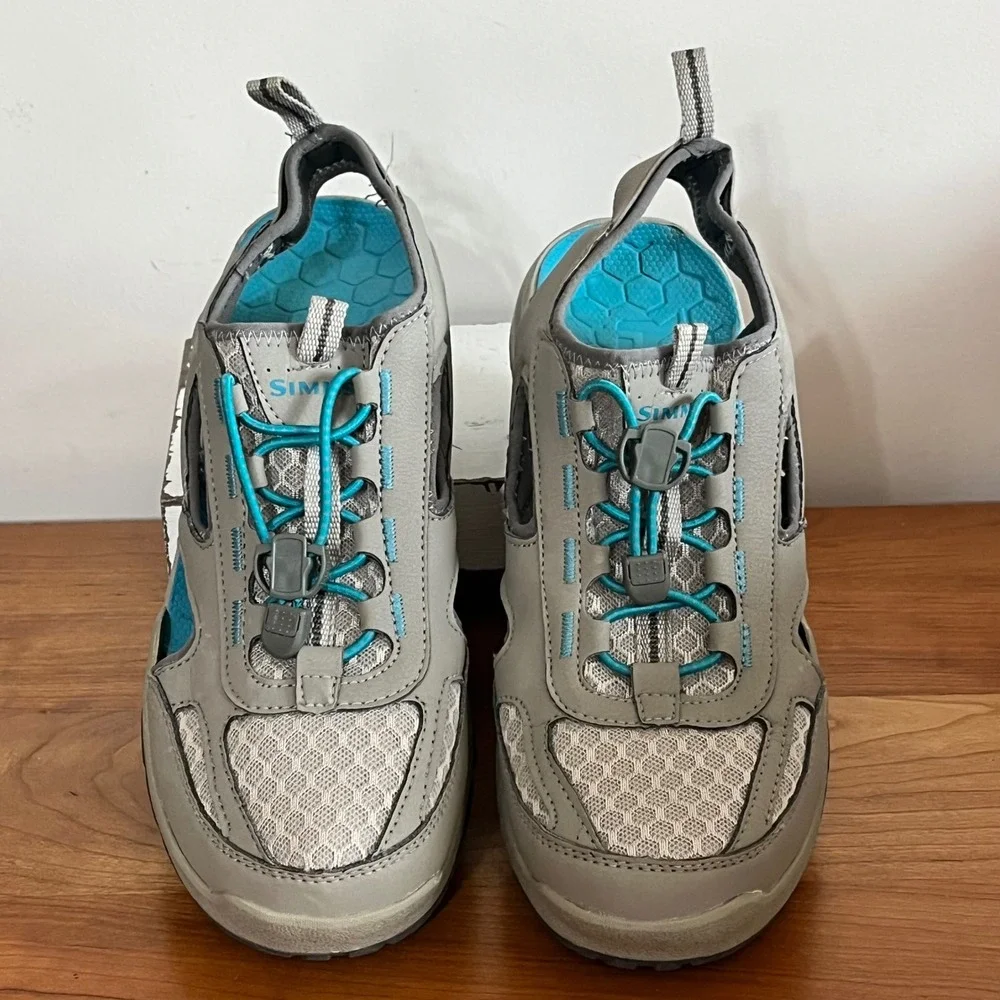 Simms‎ Right Angle Footbed Water Sandals Mens 9 Grey Teal Bungee Fishing 36999